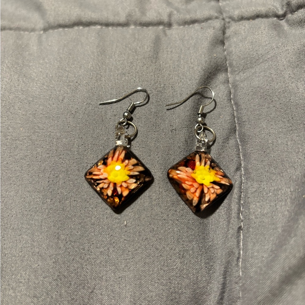 GLASS Floral Yellow Red and Black Silver Hardware Earrings